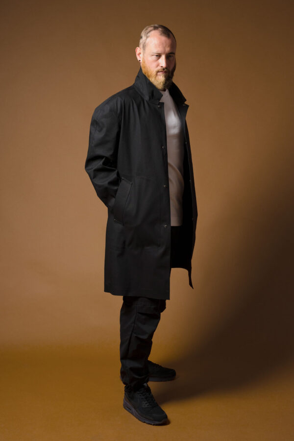 Handmade-Reinford-Black-Raincoat-Front-Open-View-By-Rainford-Apparel