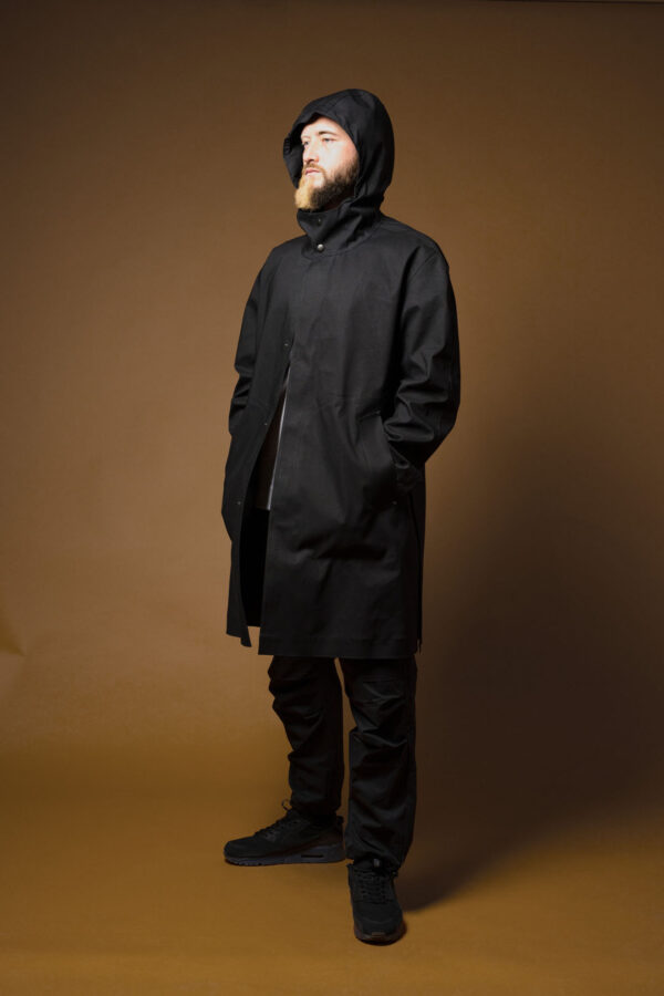Weatherall-Black-Raincoat-Hood-Up-View-By-Rainford-Apparel
