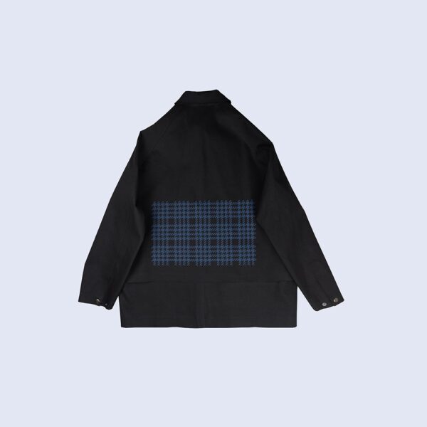 Back-View-Of-Waterproof-Houndstooth-Printed-Black-Rain-Jacket-By-Rainford-Apparel