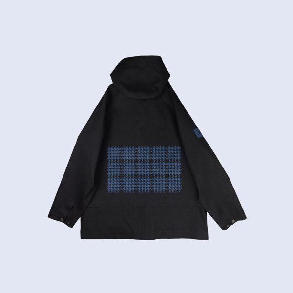 Back-View-Of-Waterproof-Houndstooth-Printed-Black-Rain-Parka-By-Rainford-Apparel