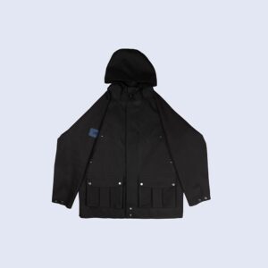 Front-View-Of-Waterproof-Houndstooth-Printed-Black-Rain-Parka-By-Rainford-Apparel