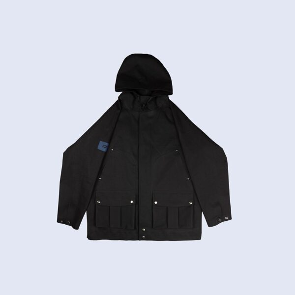 Front-View-Of-Waterproof-Houndstooth-Printed-Black-Rain-Parka-By-Rainford-Apparel