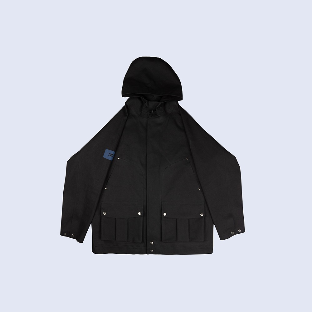 Front-View-Of-Waterproof-Houndstooth-Printed-Black-Rain-Parka-By-Rainford-Apparel